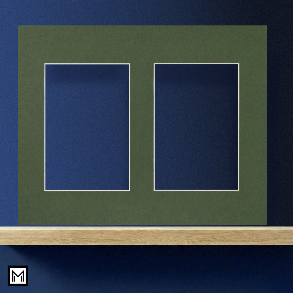 Green multi-aperture picture mount white core | A4 for two 6x4 | smooth fatg 3
