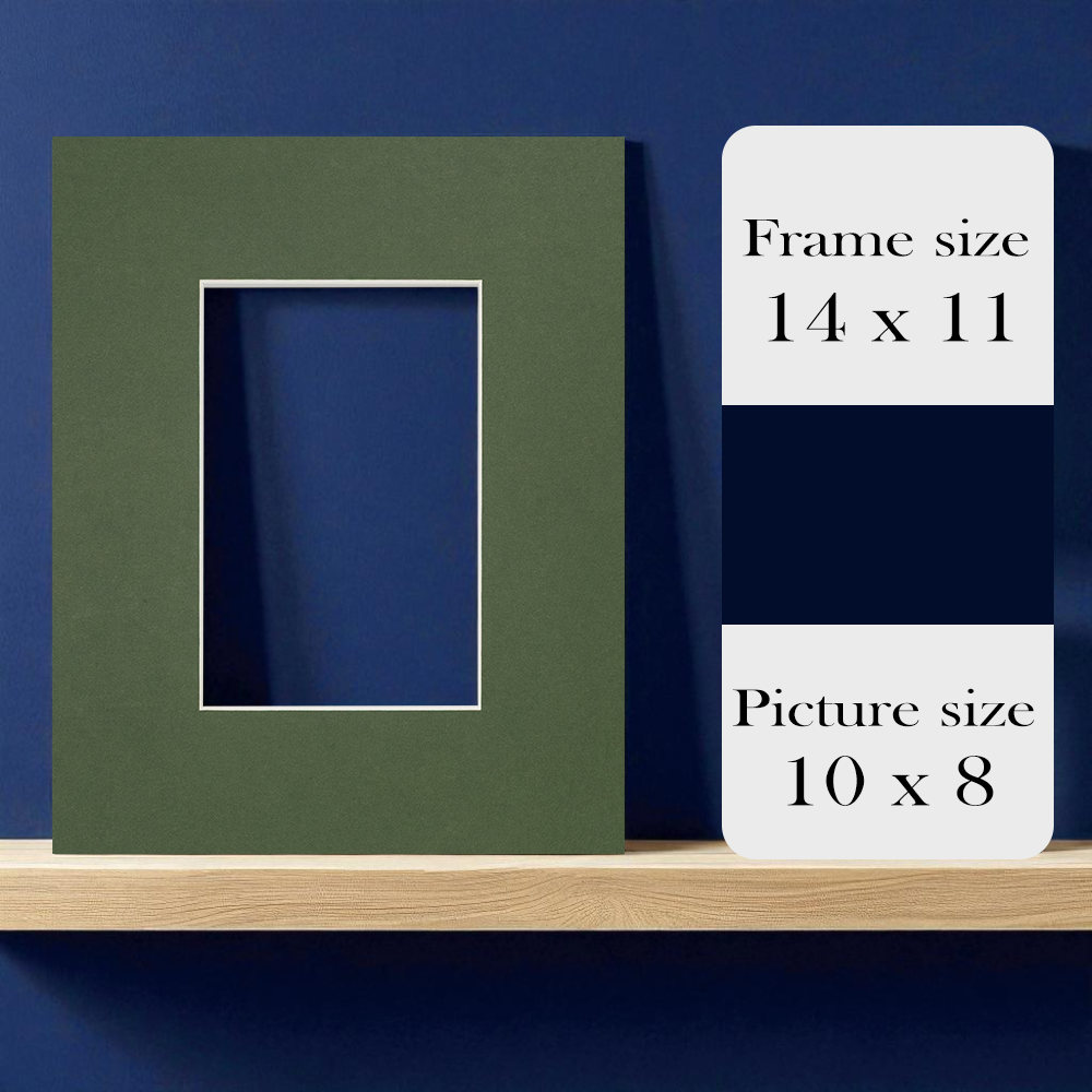 Green Picture Mounts 14x11 for 10x8 Photo | Professional Hand Cut White Core Photo Mats | Single or Bulk Buy Packs | Made in UK
