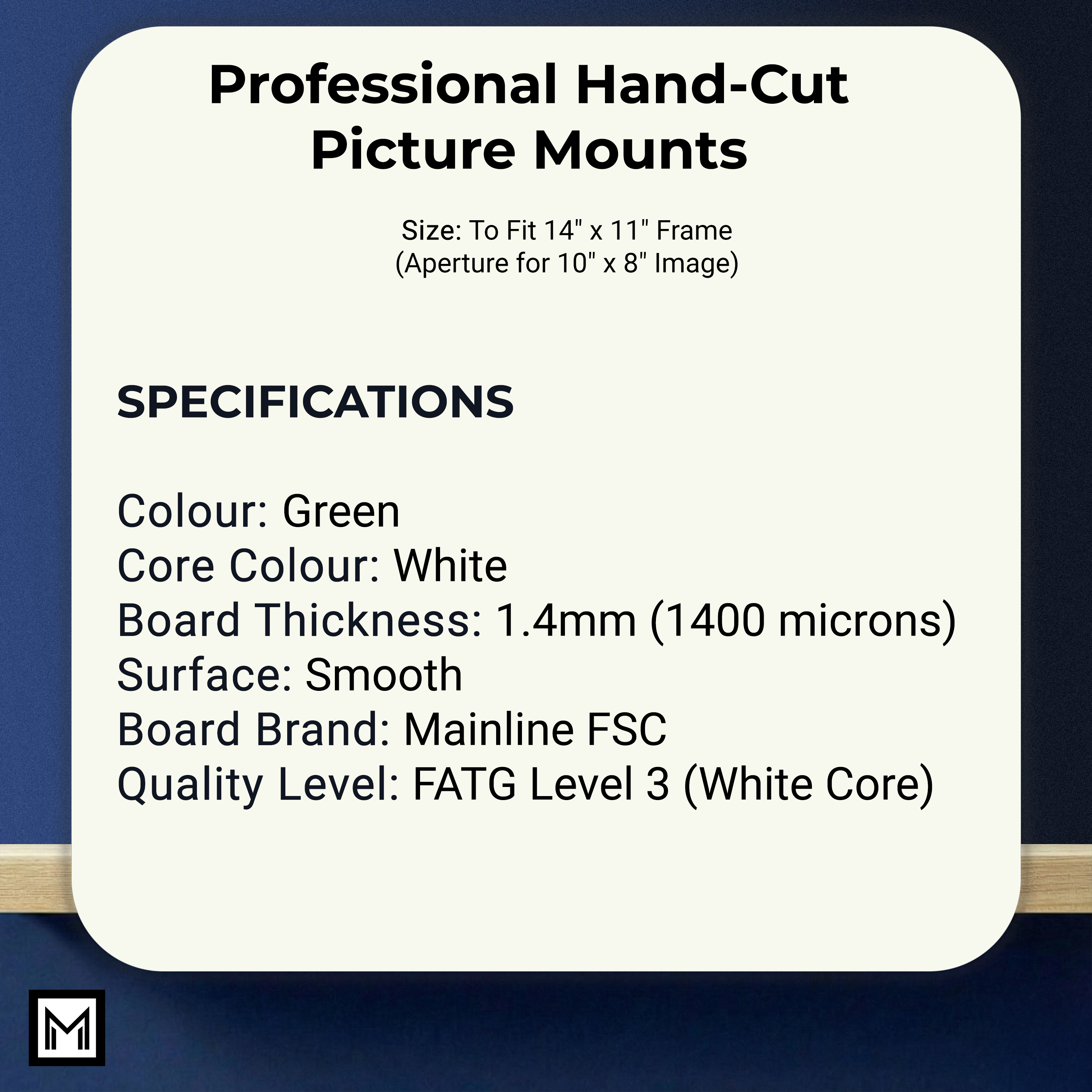 Green Picture Mounts 14x11 for 10x8 Photo | Professional Hand Cut White Core Photo Mats | Single or Bulk Buy Packs | Made in UK