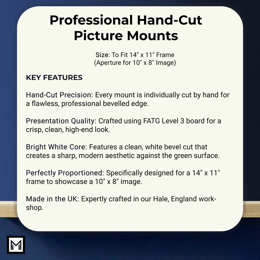 Green Picture Mounts 14x11 for 10x8 Photo | Professional Hand Cut White Core Photo Mats | Single or Bulk Buy Packs | Made in UK